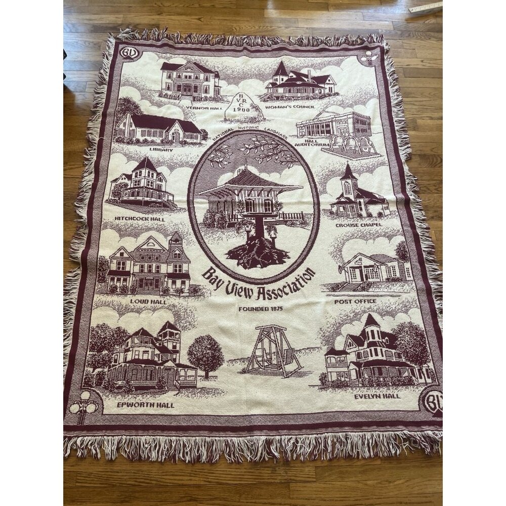 Vintage Bay View Michigan Frill Blanket Throw with Landmarks ~47 by ~61